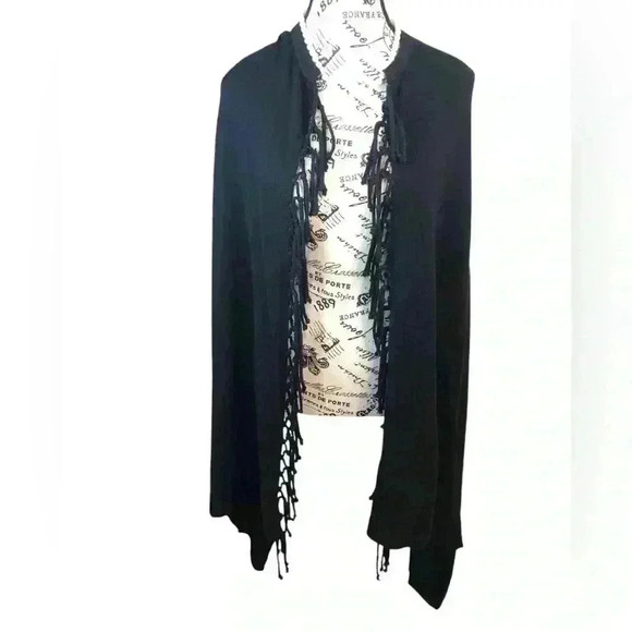 Chicos One Size Black Fringed Kimono Shawl Wrap Sweater Arm Holes - Picture 1 of 6